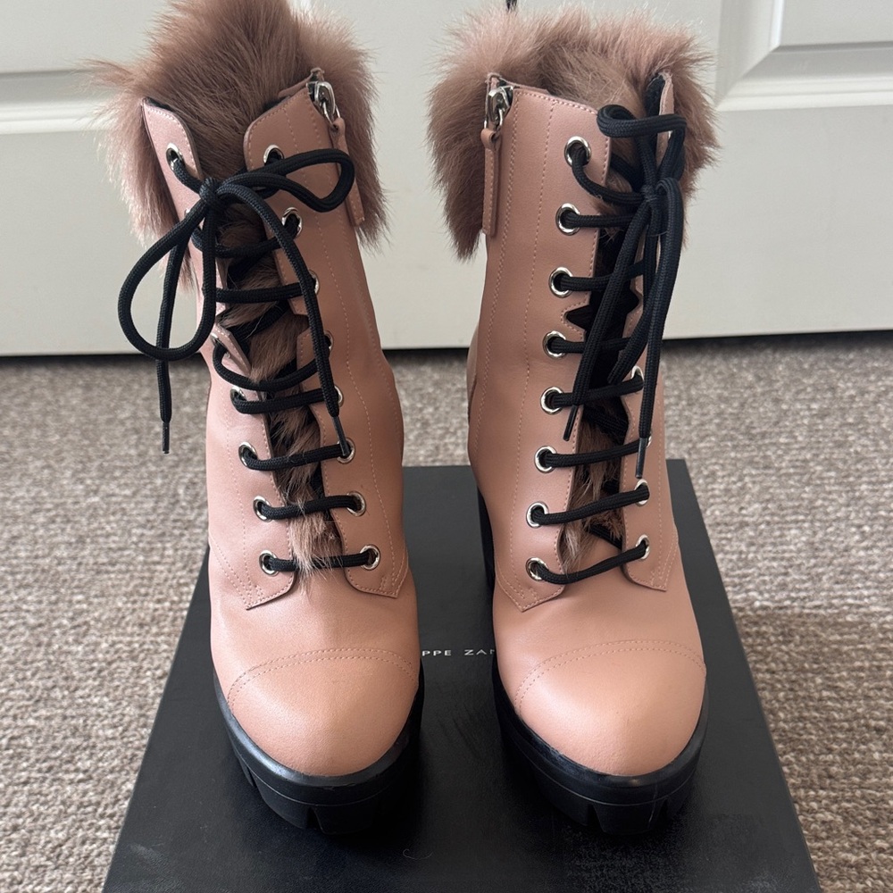 Giuseppe Zanotti Blush Lace-Up Boots with Fur Detail